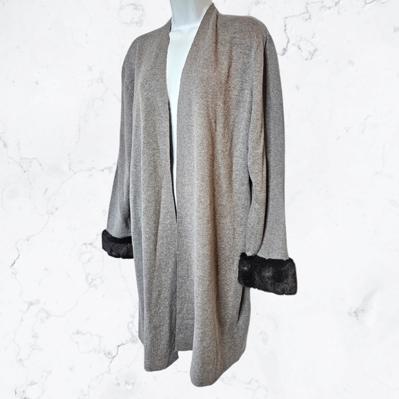 New Kasper Grey Knit Faux Fur Trim Longline Duster Cardigan Plus Sweater - Picture 4 of 11